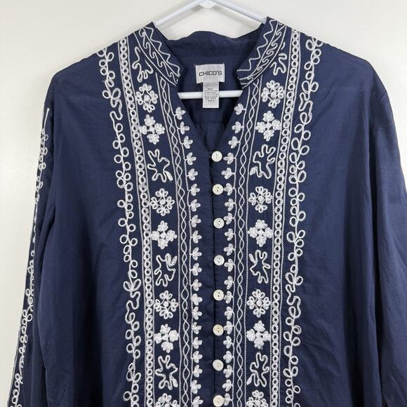 Chico’s Navy White Embroidered Button Up Tunic Top Size L (12) 100% Cotton Boho - Picture 2 of 14